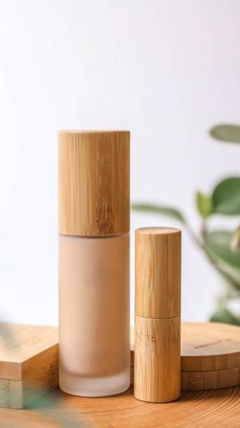 Set of wooden bamboo cosmetics on a white background cosmetics.